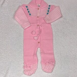 Confetti knits acrylic sweater footed one piece stripes Pom Pom girls 6/12m nwot